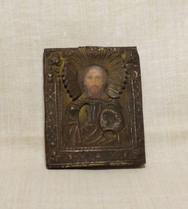 Старинная икона "Господь Вседержитель" 19-ый век оклад Россия вид с переди
